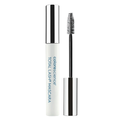 Colorescience Total Lash Mascara with white casing and black bristle brush on a white background