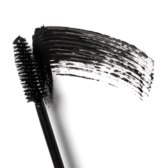 Black mascara wand with a swatch of black mascara on a white background