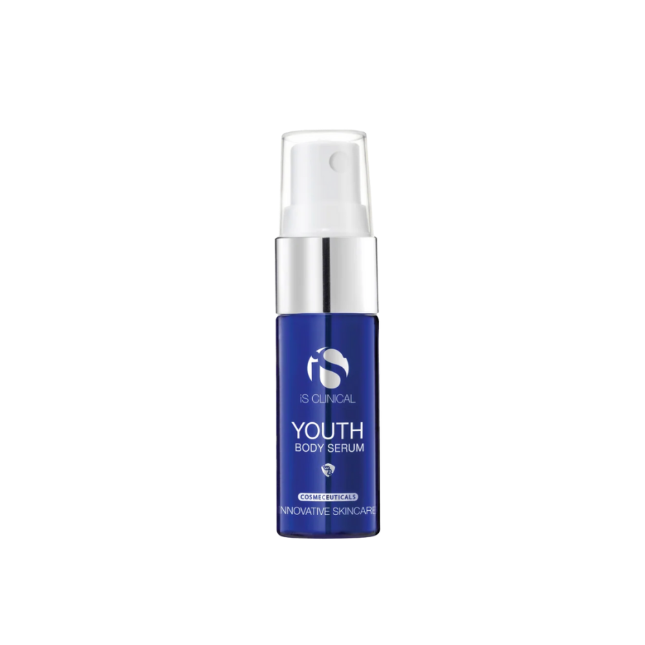 Blue serum bottle with white cap on a white background