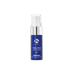 Blue serum bottle with white cap on a white background