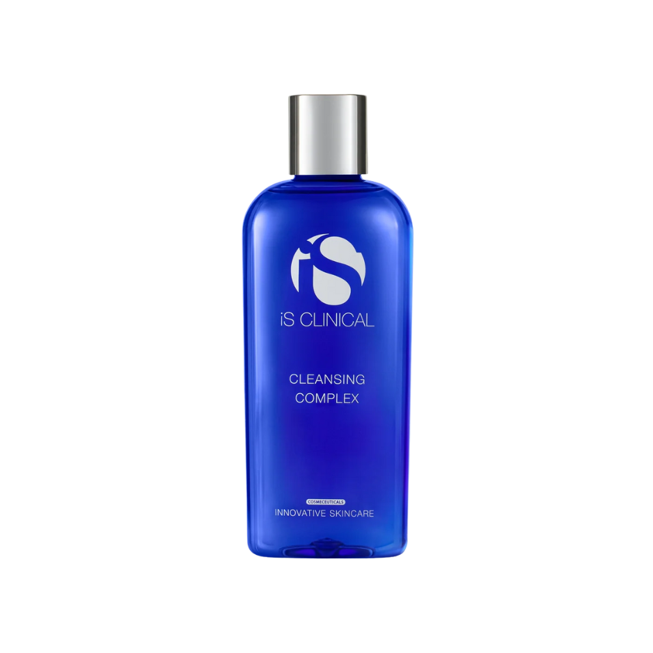 Blue bottle of IS Clinical Cleansing Complex on a white background
