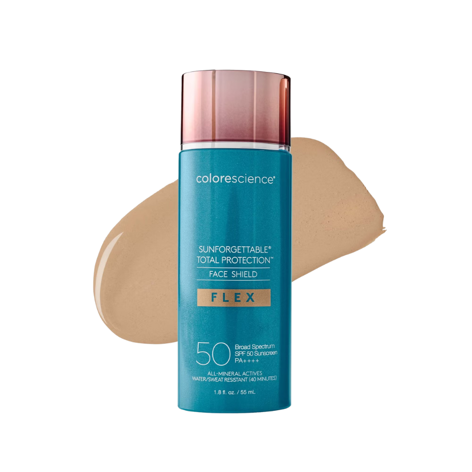 Colorescience Sunforgettable Total Protection Face Shield bottle with a swatch of beige color on a white background