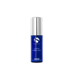 Blue skincare bottle with silver cap on a white background