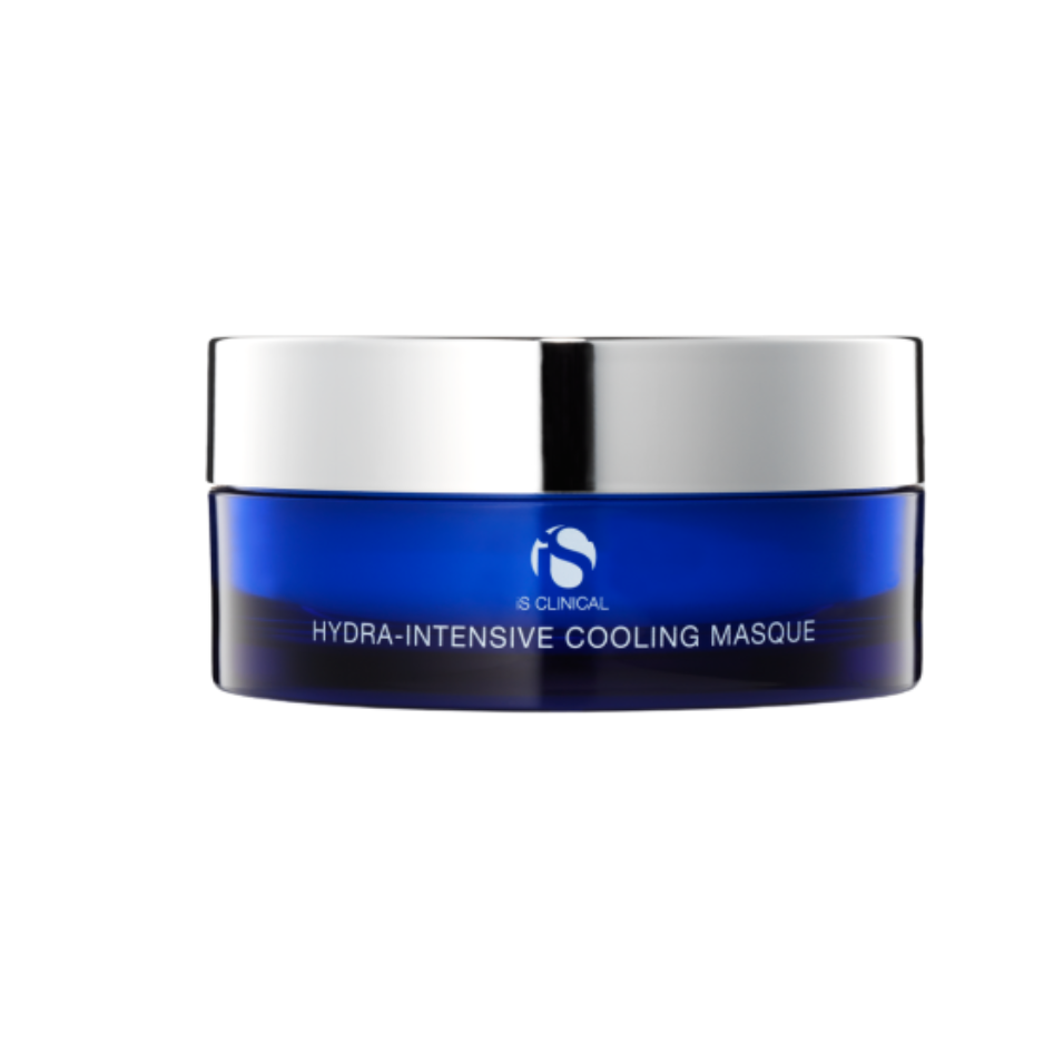 Blue jar of IS Clinical Hydra-Intensive Cooling Masque on a white background