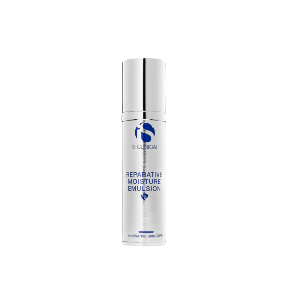 Skincare bottle labeled 'Reparative Moisture Emulsion' on a white background