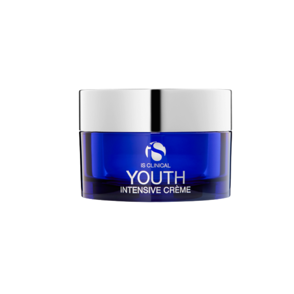 Blue jar of 'Youth Intensive Crème' with silver lid on a white background