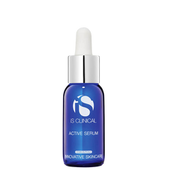 Blue serum bottle with white cap on a white background