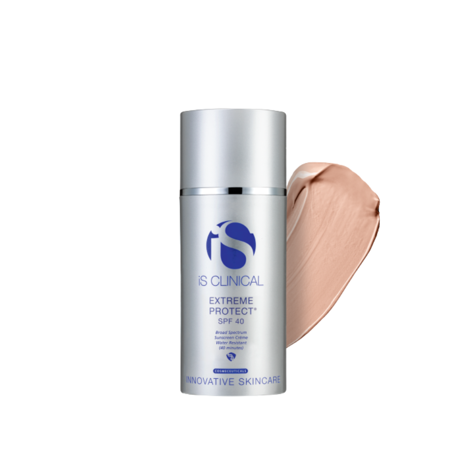 IS Clinical Extreme Protect SPF 40 skincare product with a swatch of beige color on a white background