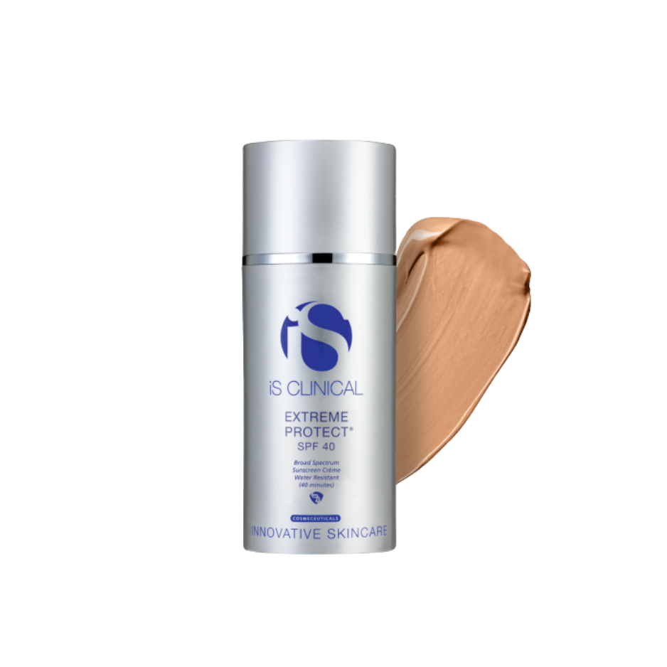 IS Clinical Extreme Protect SPF 40 skincare product with a swatch of beige color on a white background