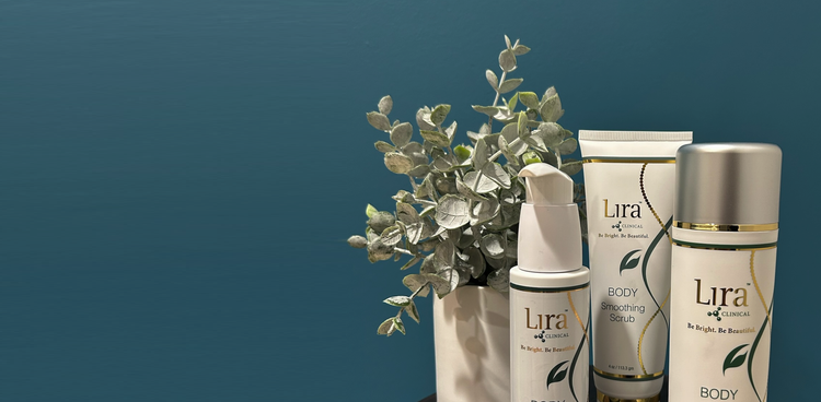 Lira skincare products with a plant on a blue background