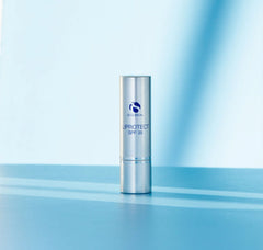 Skincare bottle labeled 'Lip Protect SPF 30' on a blue gradient background
