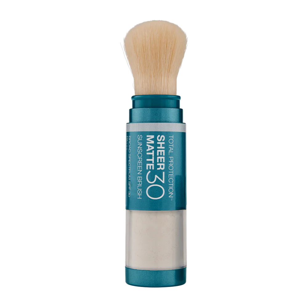 Sheer Matte 30 sunscreen brush with blue casing on a white background