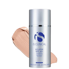 IS Clinical Eclipse SPF 50+ sunscreen cream bottle with a swatch of product on a white background