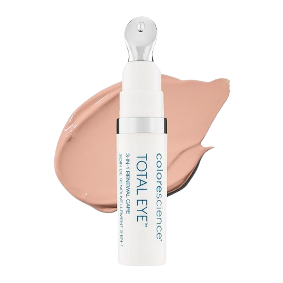 Colorescience Total Eye product with a swatch of beige color on a white background