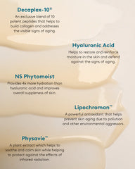 Skincare product with text detailing its ingredients and benefits on a beige background